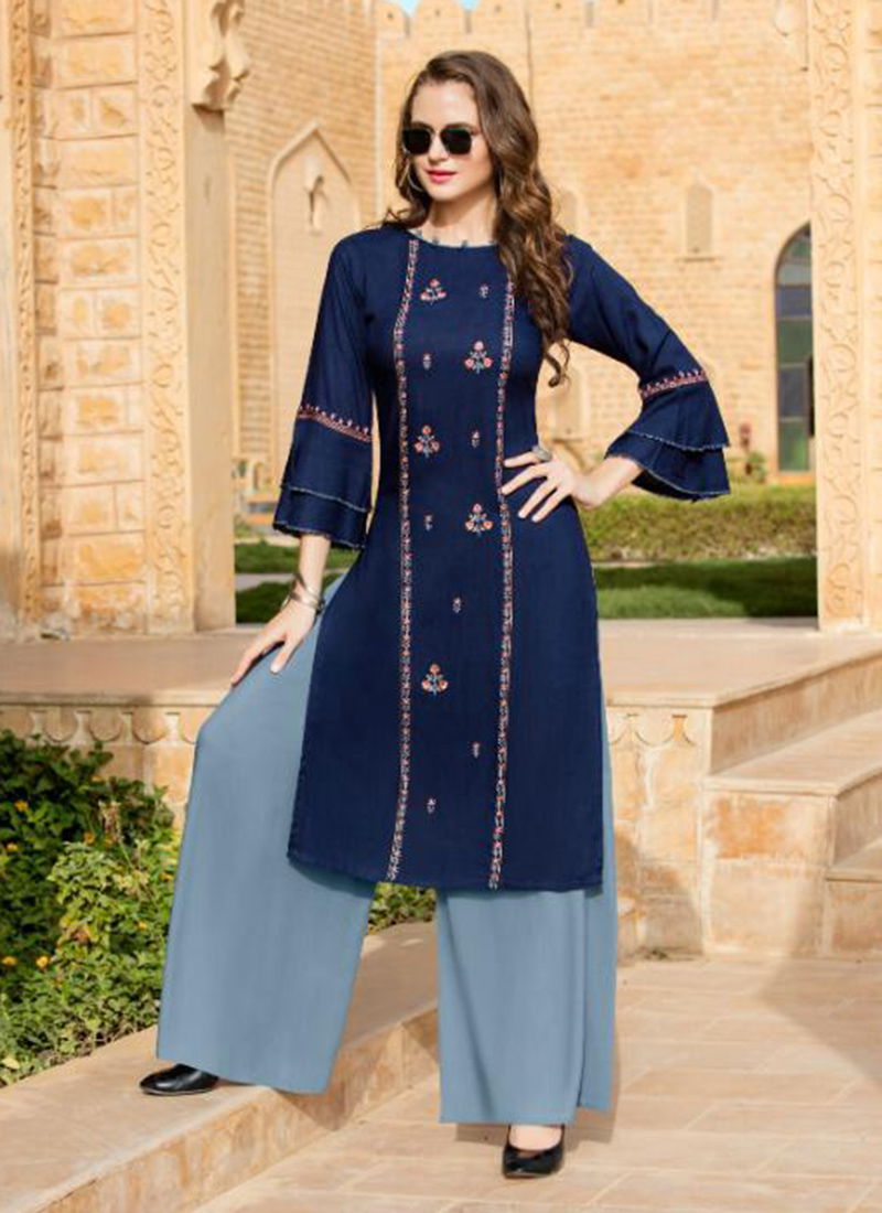 Meraki vol 4 heavy Reyon with Plazzo Embroidery Designer Kurtis Collections